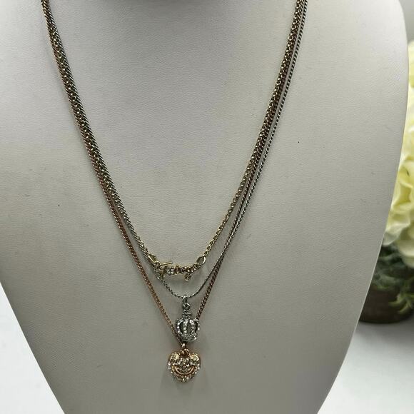Juicy Couture Tiered Graduated Triple Strand 3 Charm Logo Crown Heart Necklace - Picture 1 of 7